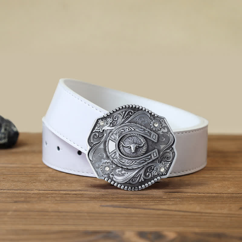 Men's DIY Rhinestone Floral Bull Buckle Leather Belt - Image 8