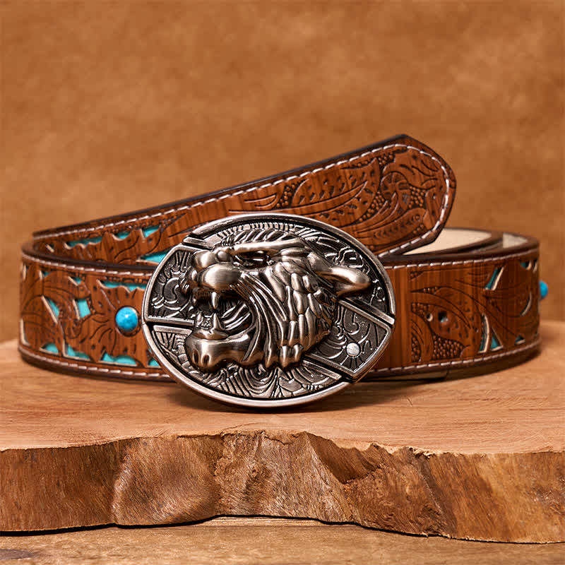 Men's DIY Roaring Tiger Hidden Folding Knife Leather Belt - Image 8
