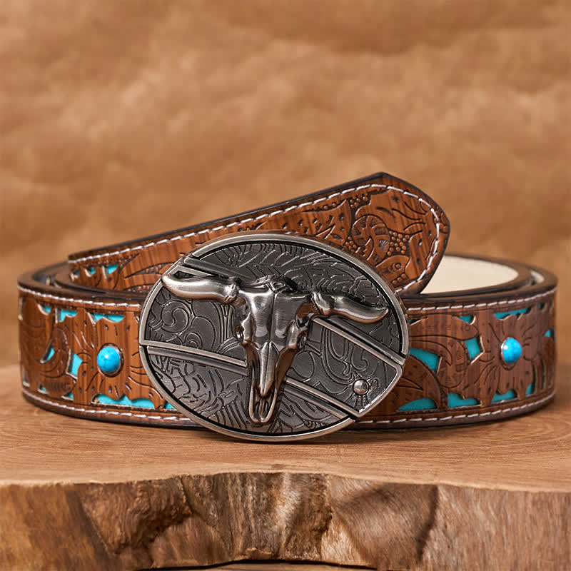 Men's DIY Rodeo Bull Hidden Folding Knife Buckle Leather Belt - Image 5