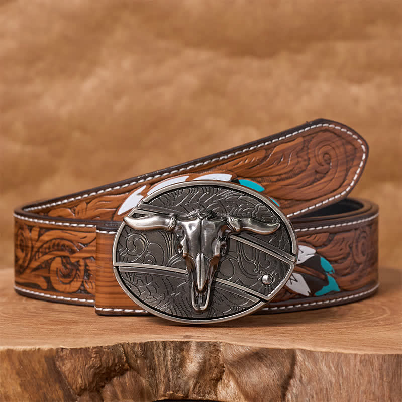 Men's DIY Rodeo Bull Hidden Folding Knife Buckle Leather Belt - Image 8