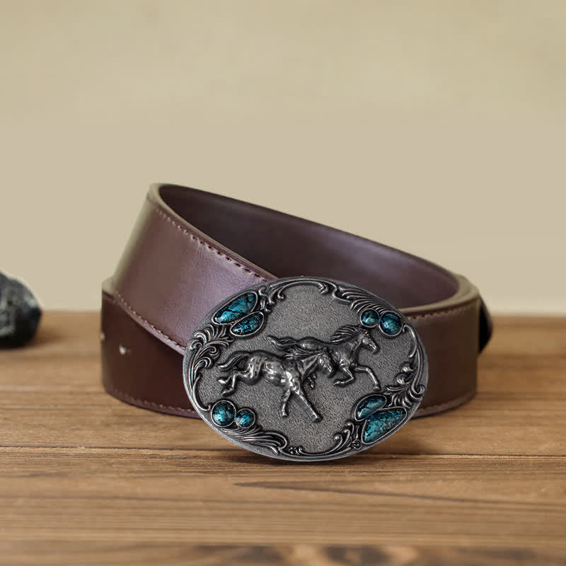 Men's DIY Running Horses Turquoise Bead Buckle Leather Belt - Image 11