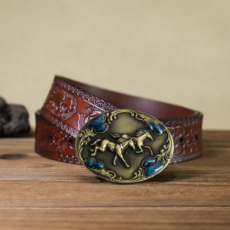 Men's DIY Running Horses Turquoise Bead Buckle Leather Belt - Image 18