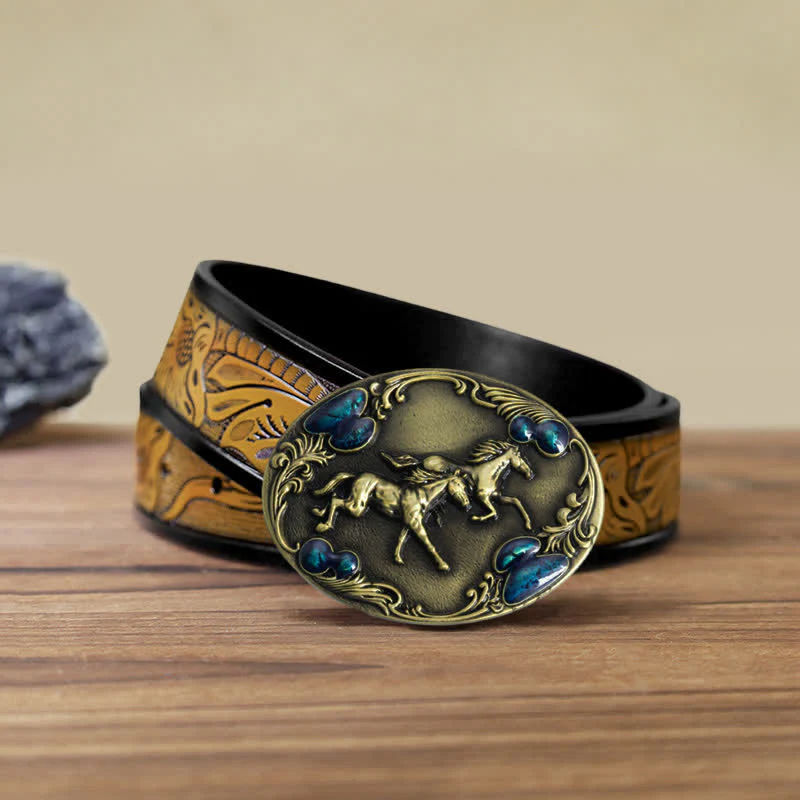 Men's DIY Running Horses Turquoise Bead Buckle Leather Belt - Image 21