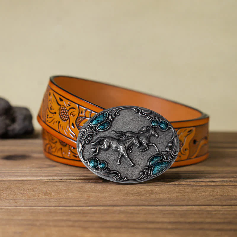 Men's DIY Running Horses Turquoise Bead Buckle Leather Belt - Image 23