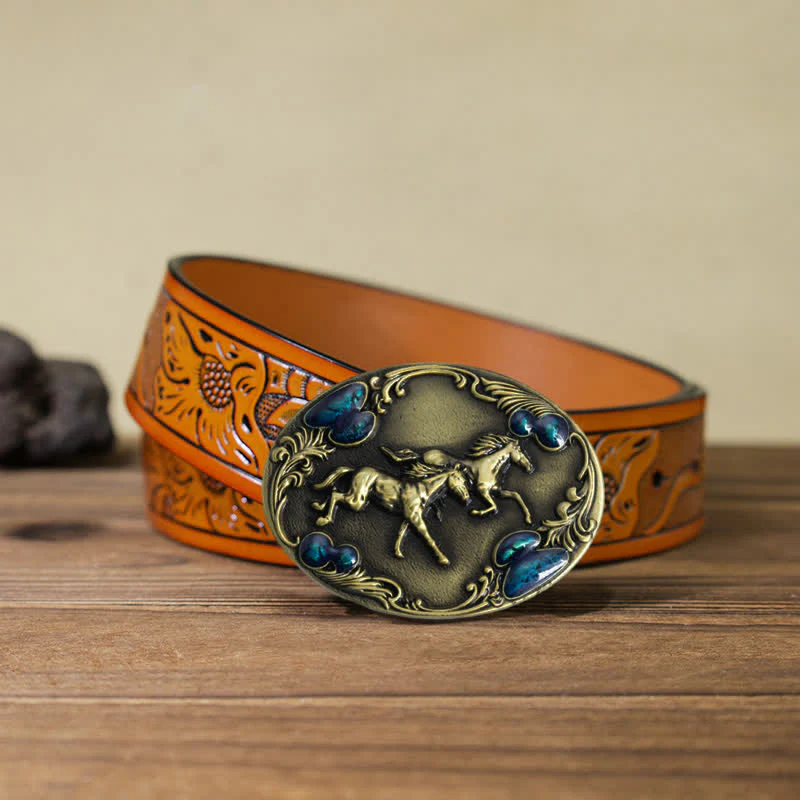 Men's DIY Running Horses Turquoise Bead Buckle Leather Belt - Image 24