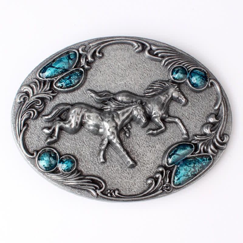 Men's DIY Running Horses Turquoise Bead Buckle Leather Belt - Image 3