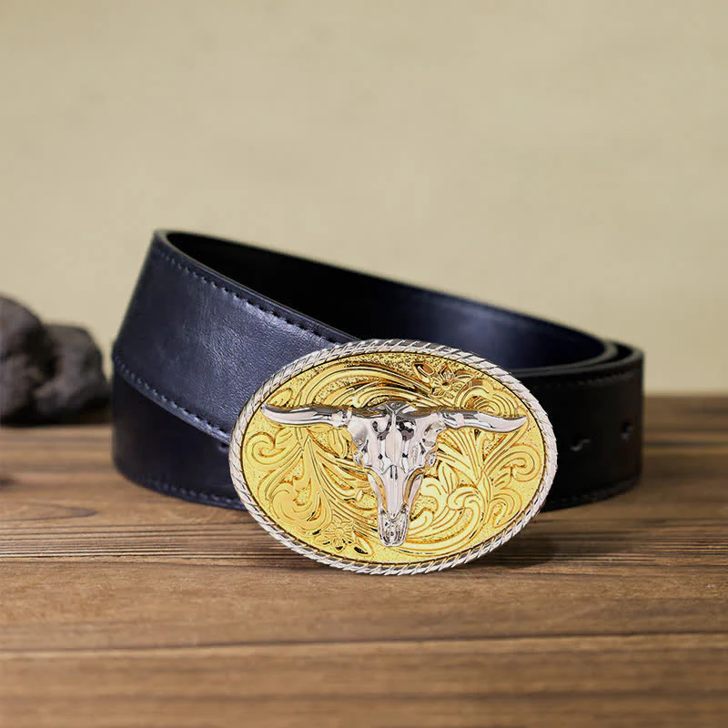 Men's DIY Shining Golden Bull Head Buckle Leather Belt - Image 5