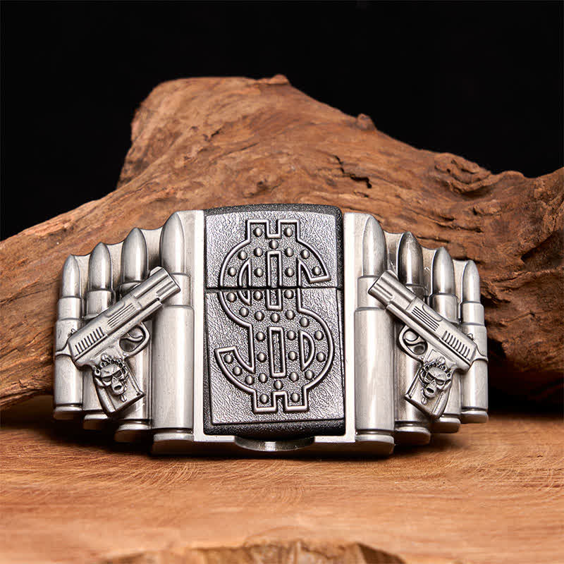 Men's DIY Silver Dual Guns & Bullets Leather Belt With Hidden Lighter