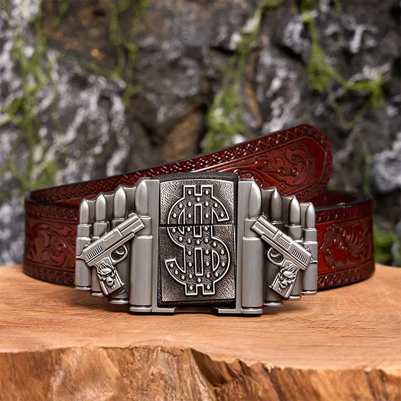 Men's DIY Silver Dual Guns & Bullets Leather Belt With Hidden Lighter - Image 10