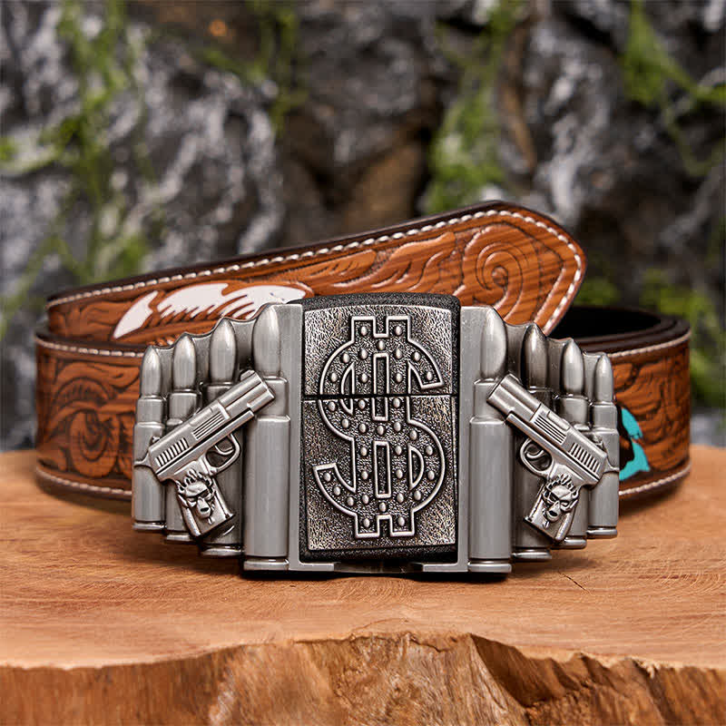 Men's DIY Silver Dual Guns & Bullets Leather Belt With Hidden Lighter - Image 11