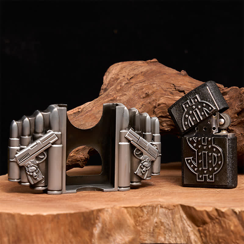 Men's DIY Silver Dual Guns & Bullets Leather Belt With Hidden Lighter - Image 2