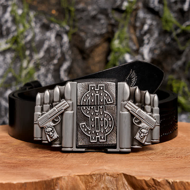 Men's DIY Silver Dual Guns & Bullets Leather Belt With Hidden Lighter - Image 3