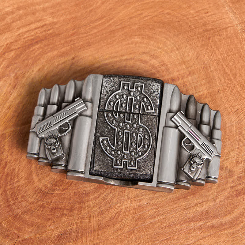 Men's DIY Silver Dual Guns & Bullets Leather Belt With Hidden Lighter - Image 4