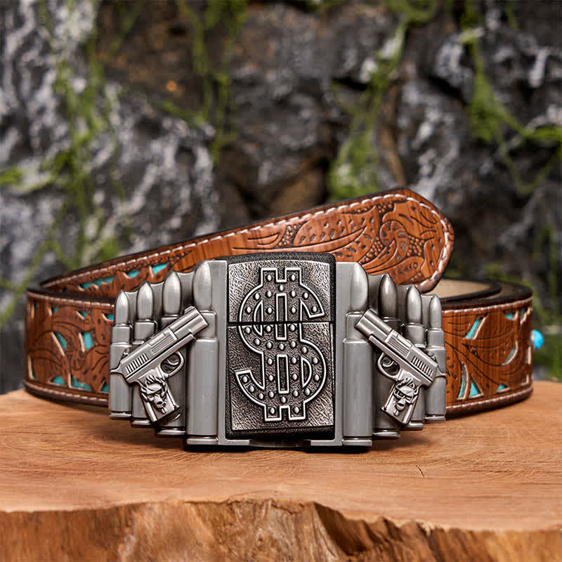 Men's DIY Silver Dual Guns & Bullets Leather Belt With Hidden Lighter - Image 7