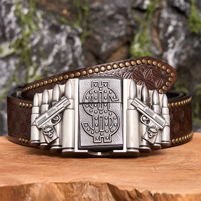 Men's DIY Silver Dual Guns & Bullets Leather Belt With Hidden Lighter - Image 8