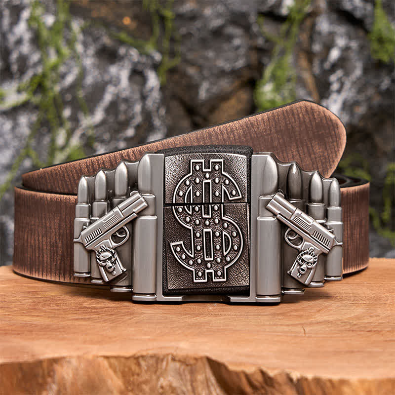Men's DIY Silver Dual Guns & Bullets Leather Belt With Hidden Lighter - Image 9