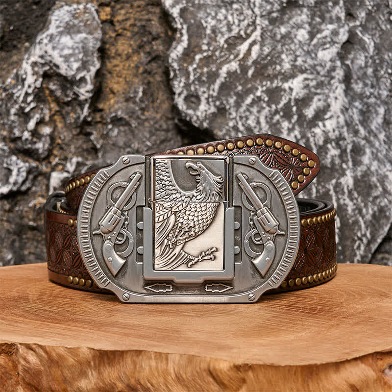 Men's DIY Silver Eagle Guns Leather Belt with Hidden Lighter - Image 5