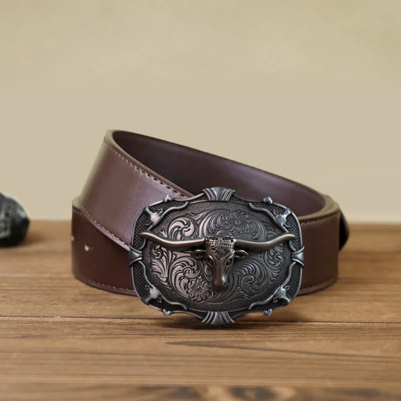 Men's DIY Silver Longhorn Bull Square Buckle Leather Belt - Image 7
