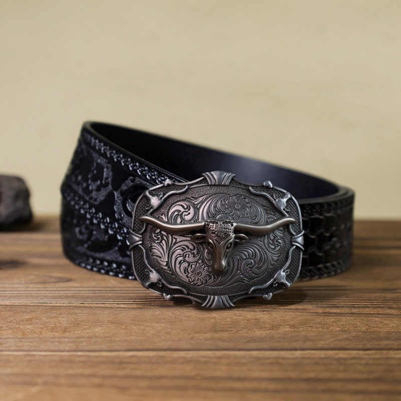 Men's DIY Silver Longhorn Bull Square Buckle Leather Belt - Image 9