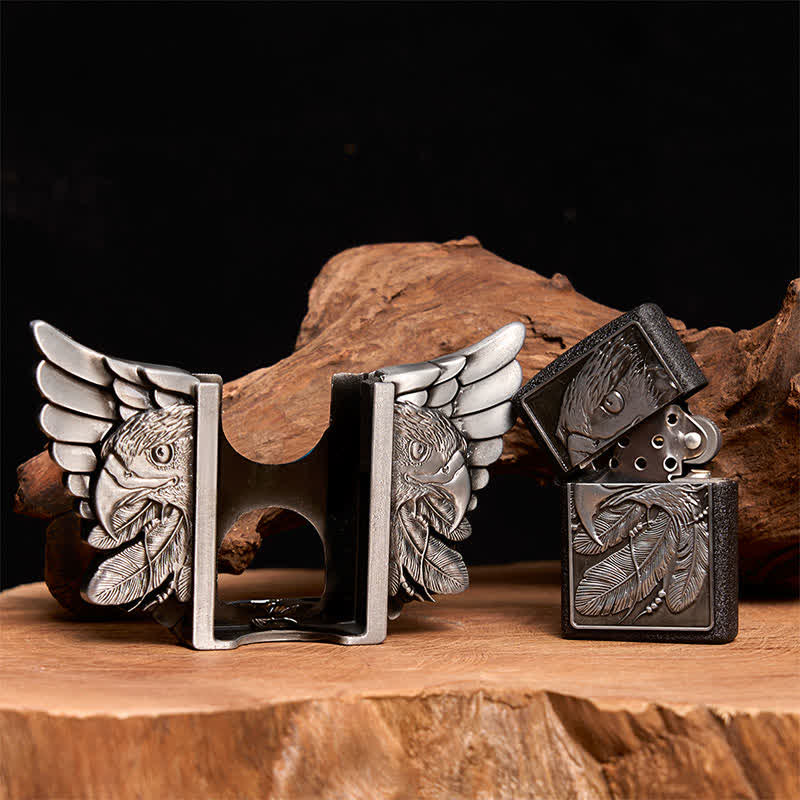 Men's DIY Silver Mighty Eagle Leather Belt With Hidden Lighter - Image 2