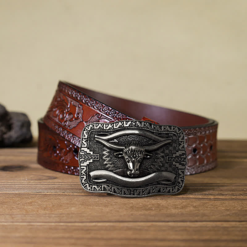 Men's DIY Silver Square Longhorn Bull Buckle Leather Belt - Image 13