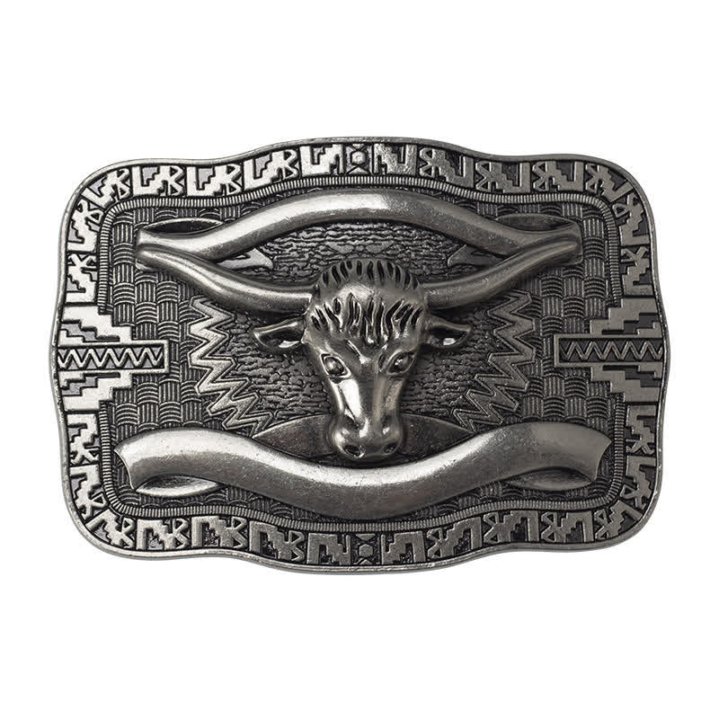 Men's DIY Silver Square Longhorn Bull Buckle Leather Belt - Image 3