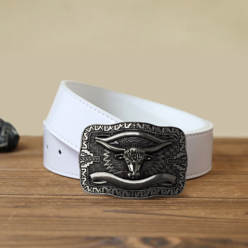 Men's DIY Silver Square Longhorn Bull Buckle Leather Belt - Image 7
