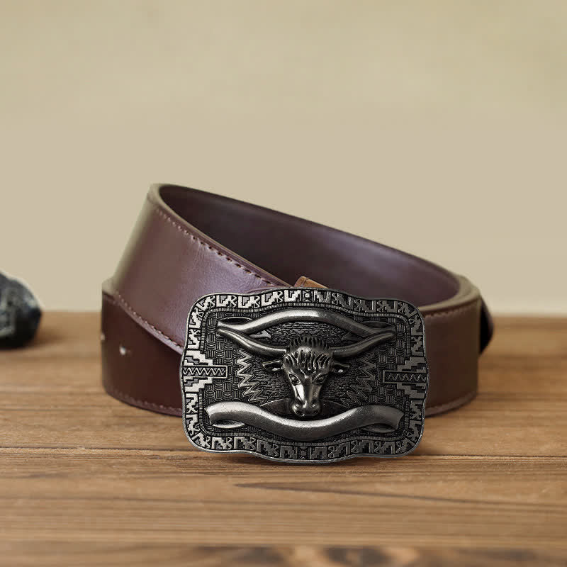 Men's DIY Silver Square Longhorn Bull Buckle Leather Belt - Image 9