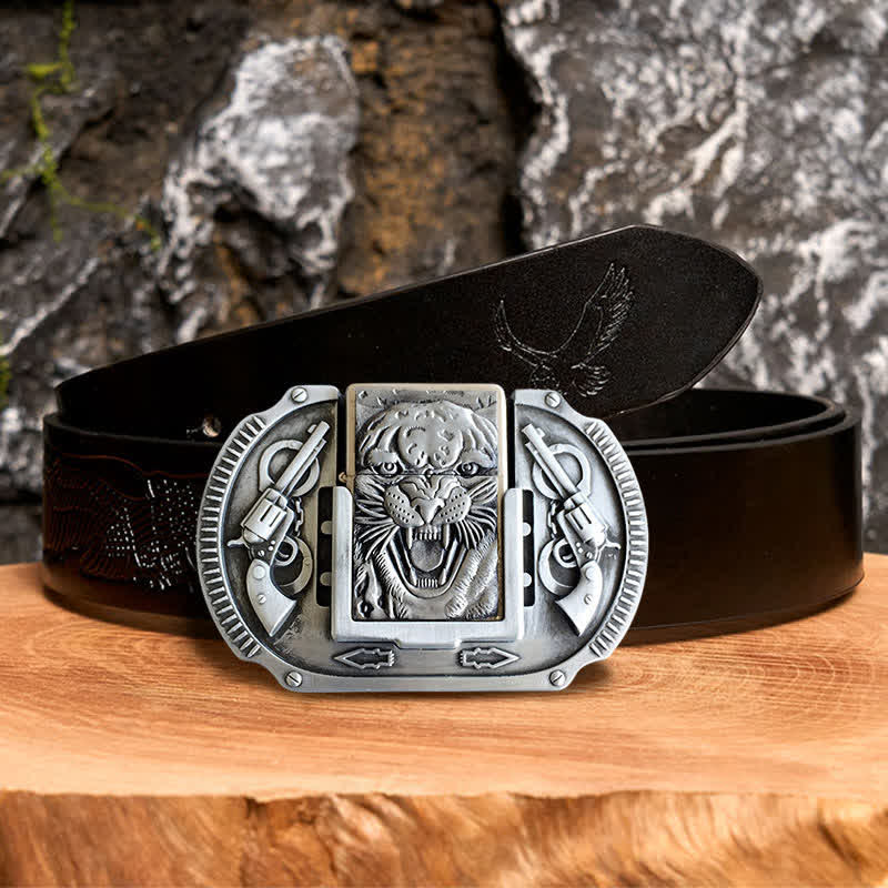 Men's DIY Silver Tiger Wildlife Leather Belt with Hidden Lighter - Image 3