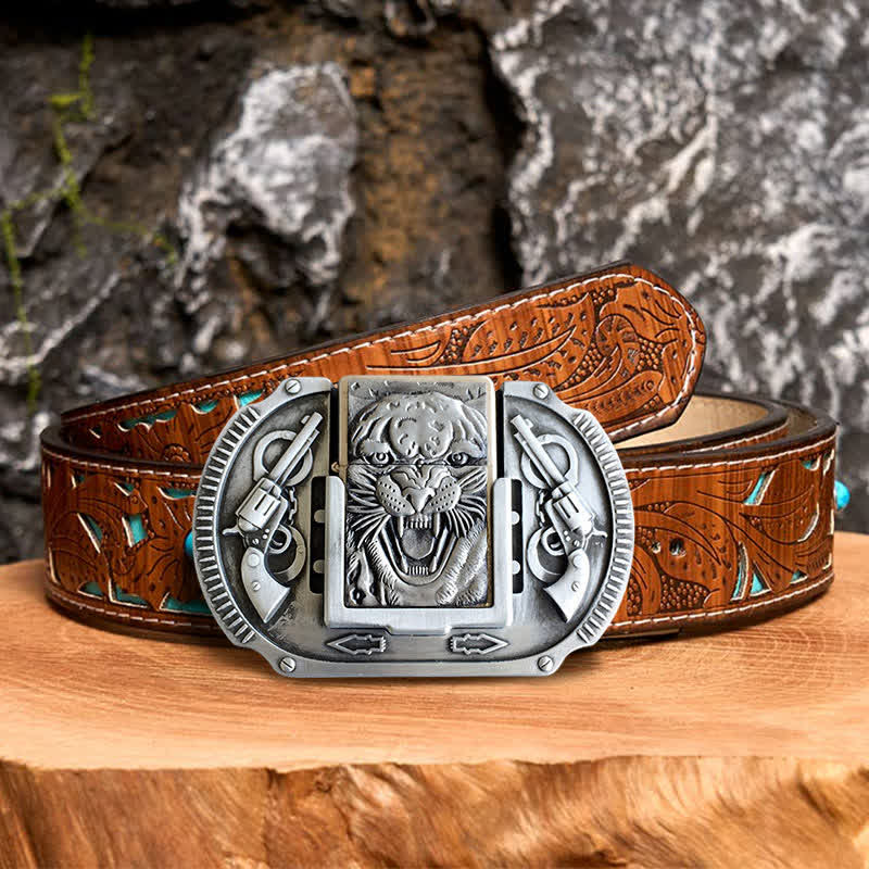 Men's DIY Silver Tiger Wildlife Leather Belt with Hidden Lighter - Image 4