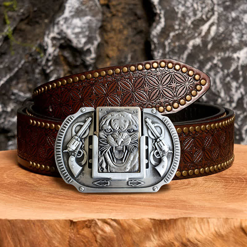 Men's DIY Silver Tiger Wildlife Leather Belt with Hidden Lighter - Image 5