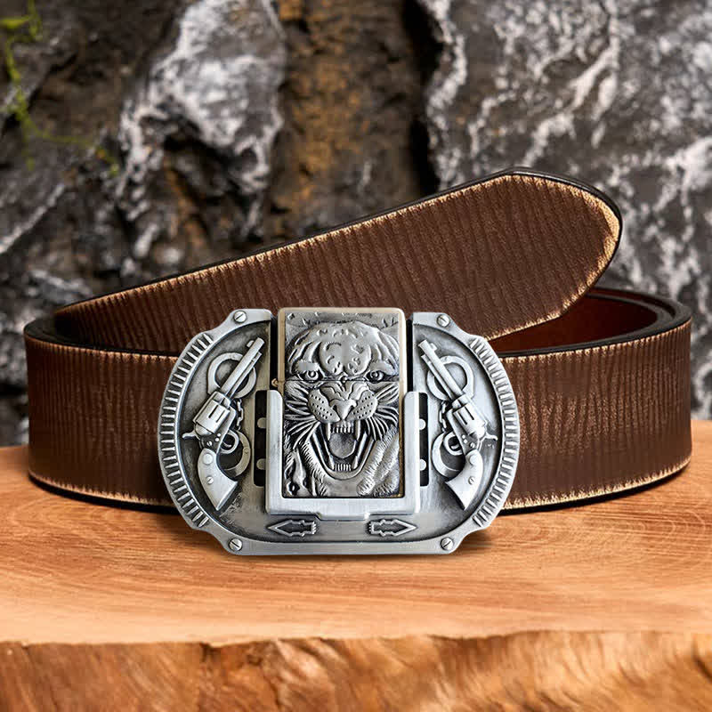 Men's DIY Silver Tiger Wildlife Leather Belt with Hidden Lighter - Image 6