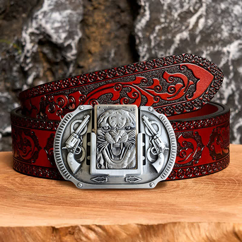 Men's DIY Silver Tiger Wildlife Leather Belt with Hidden Lighter - Image 7