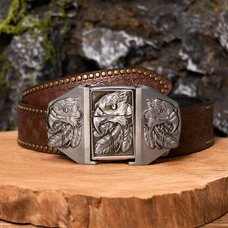 Men's DIY Silver Triple Eagle Leather Belt with Hidden Lighter - Image 7