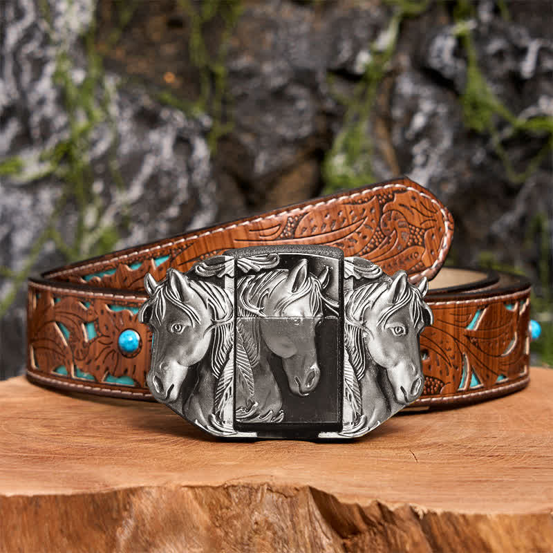 Men's DIY Silver Triple Horses Leather Belt With Hidden Lighter - Image 4