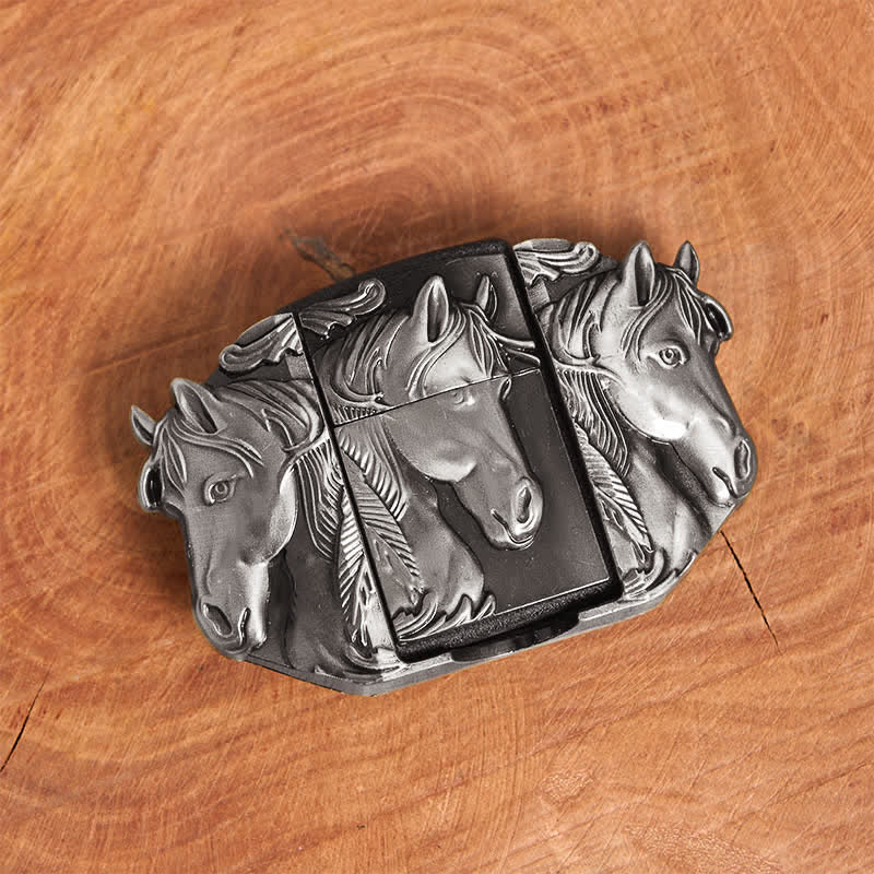 Men's DIY Silver Triple Horses Leather Belt With Hidden Lighter - Image 9