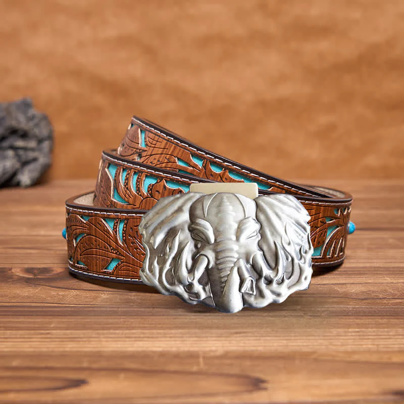 Men's DIY Silver Wildlife Elephant Leather Belt with Hidden Lighter - Image 6