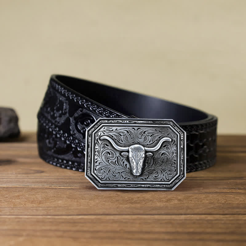 Men's DIY Simple Longhorn Bull Head Buckle Leather Belt - Image 12