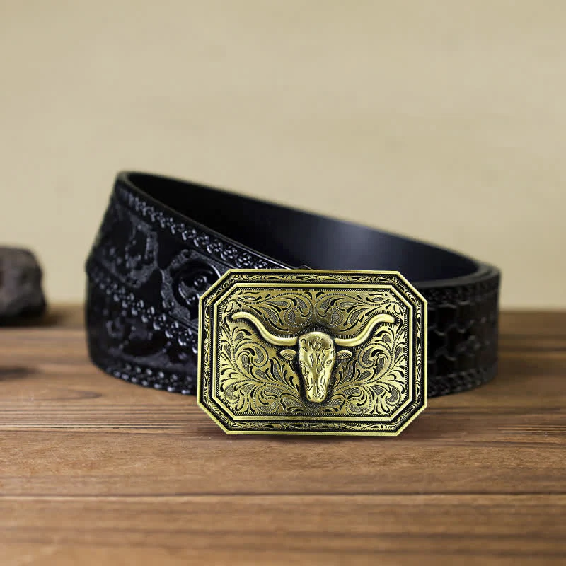 Men's DIY Simple Longhorn Bull Head Buckle Leather Belt - Image 13