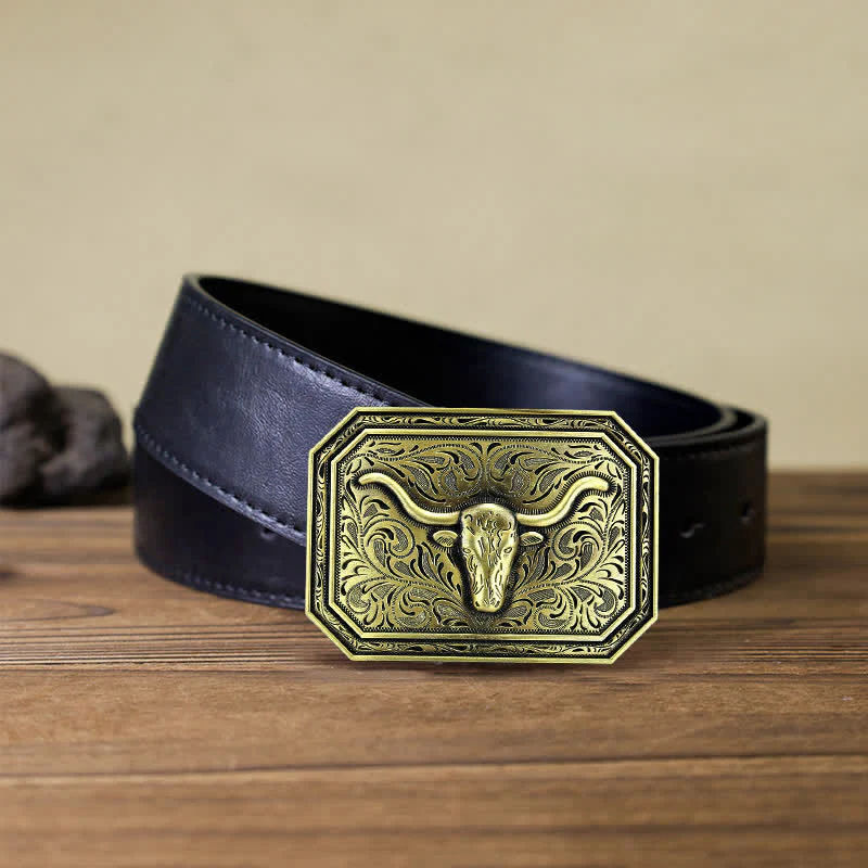 Men's DIY Simple Longhorn Bull Head Buckle Leather Belt - Image 7