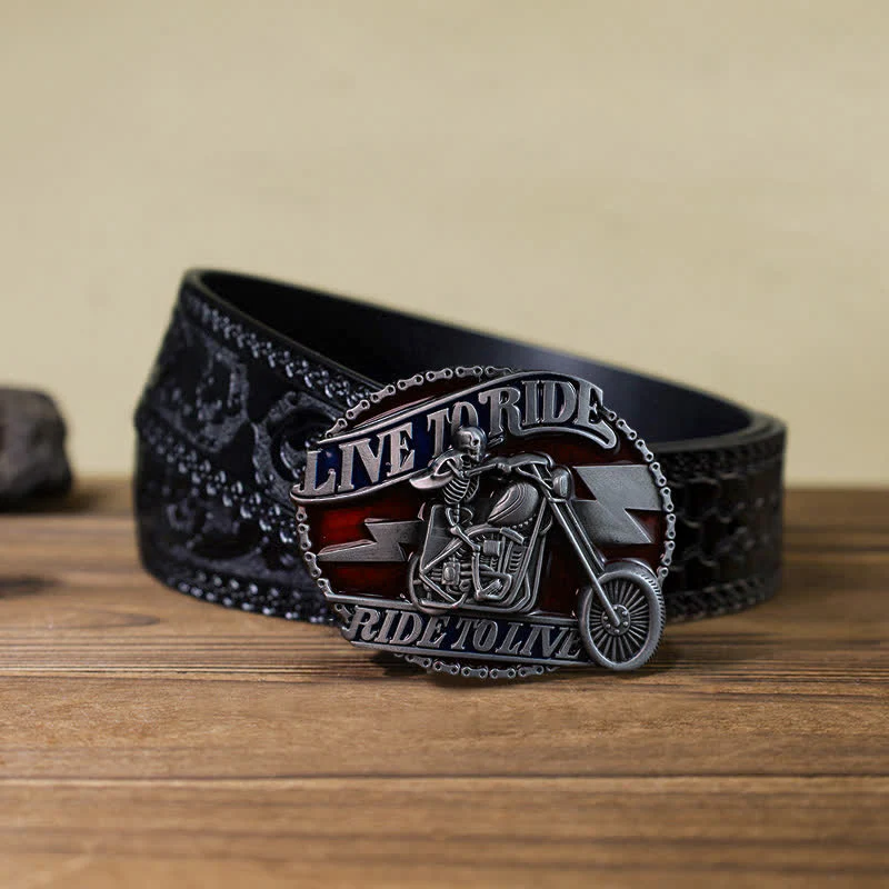 Men's DIY Skull Biker Live to Ride Buckle Leather Belt - Image 9