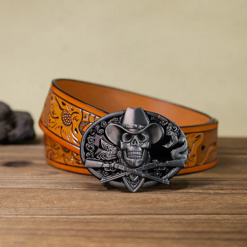 Men's DIY Skull With Cross Guns Buckle Leather Belt - Image 15