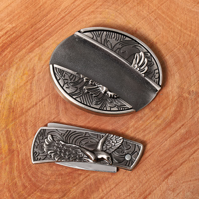 Men's DIY Soaring Eagle Hidden Folding Knife Leather Belt - Image 6