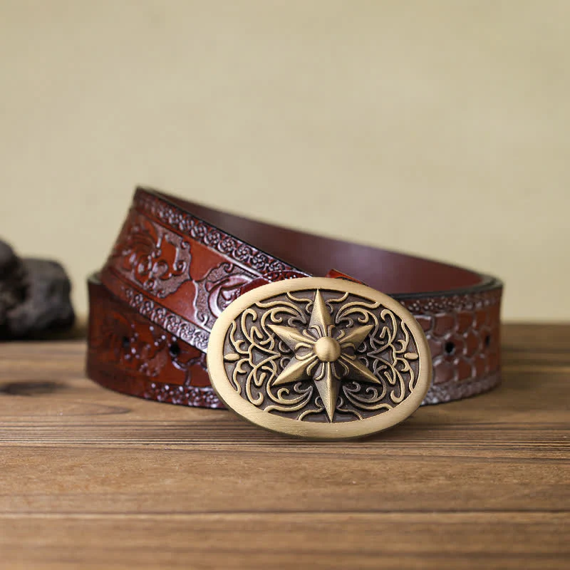 Men's DIY Solid Brass Hexagram Star Buckle Leather Belt - Image 6
