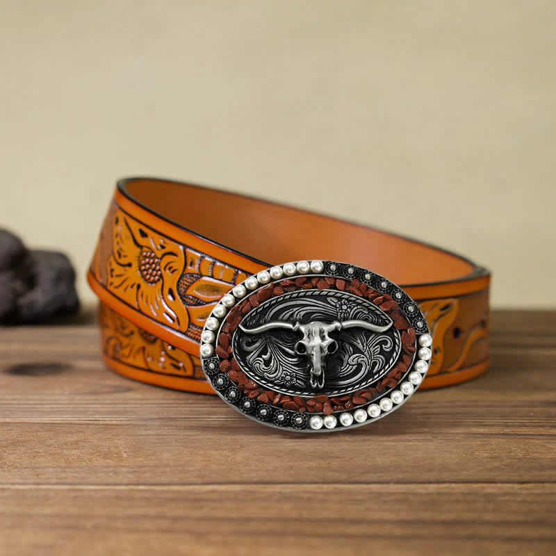 Men's DIY Sparkling Pearl Stones Bull Buckle Leather Belt - Image 11