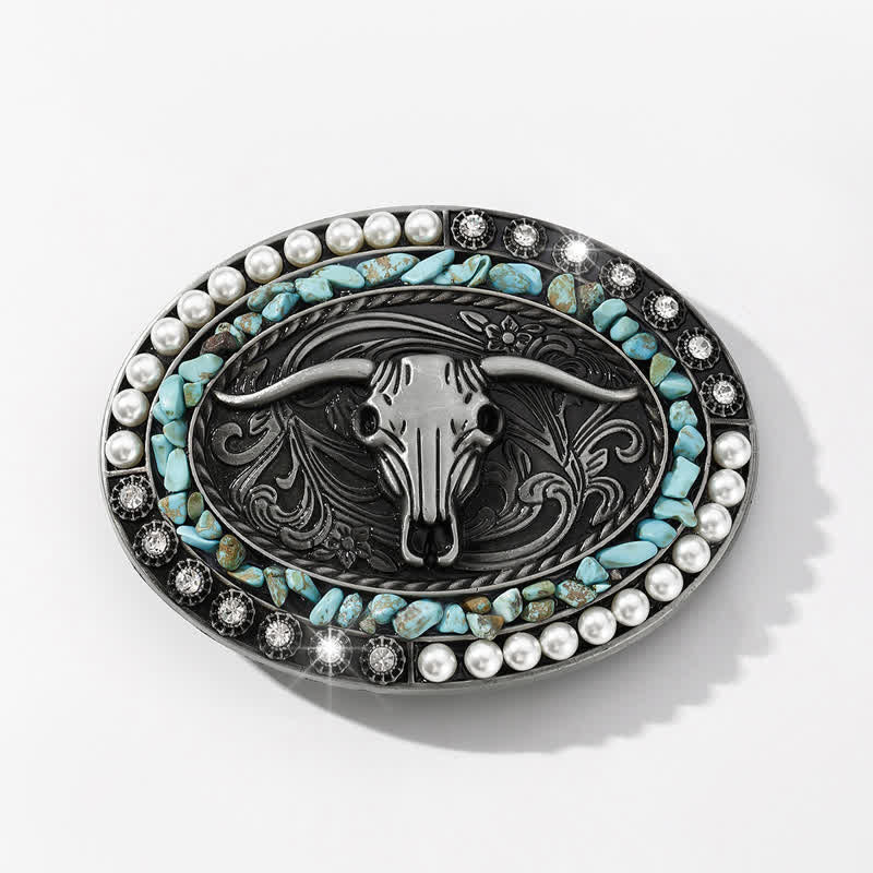 Men's DIY Sparkling Pearl Stones Bull Buckle Leather Belt - Image 12