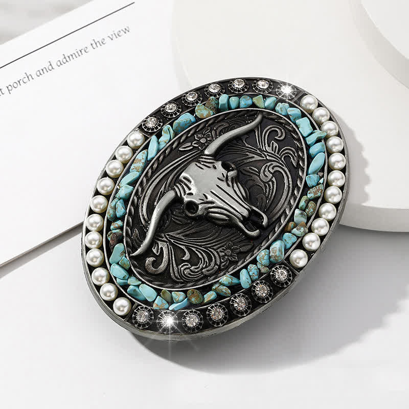 Men's DIY Sparkling Pearl Stones Bull Buckle Leather Belt - Image 13