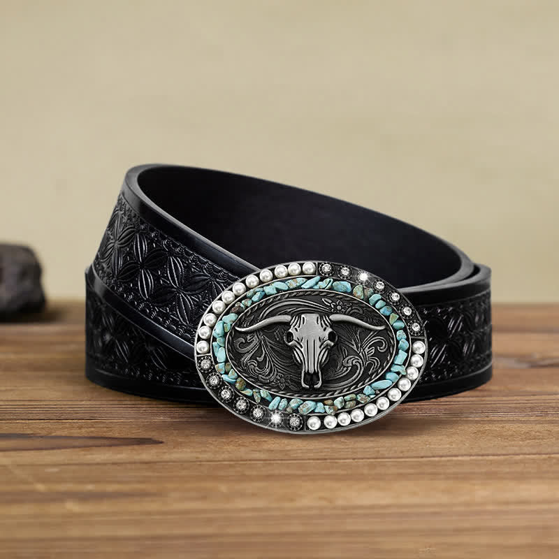 Men's DIY Sparkling Pearl Stones Bull Buckle Leather Belt - Image 16