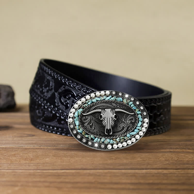 Men's DIY Sparkling Pearl Stones Bull Buckle Leather Belt - Image 17