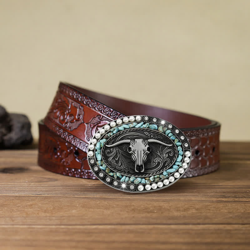 Men's DIY Sparkling Pearl Stones Bull Buckle Leather Belt - Image 18